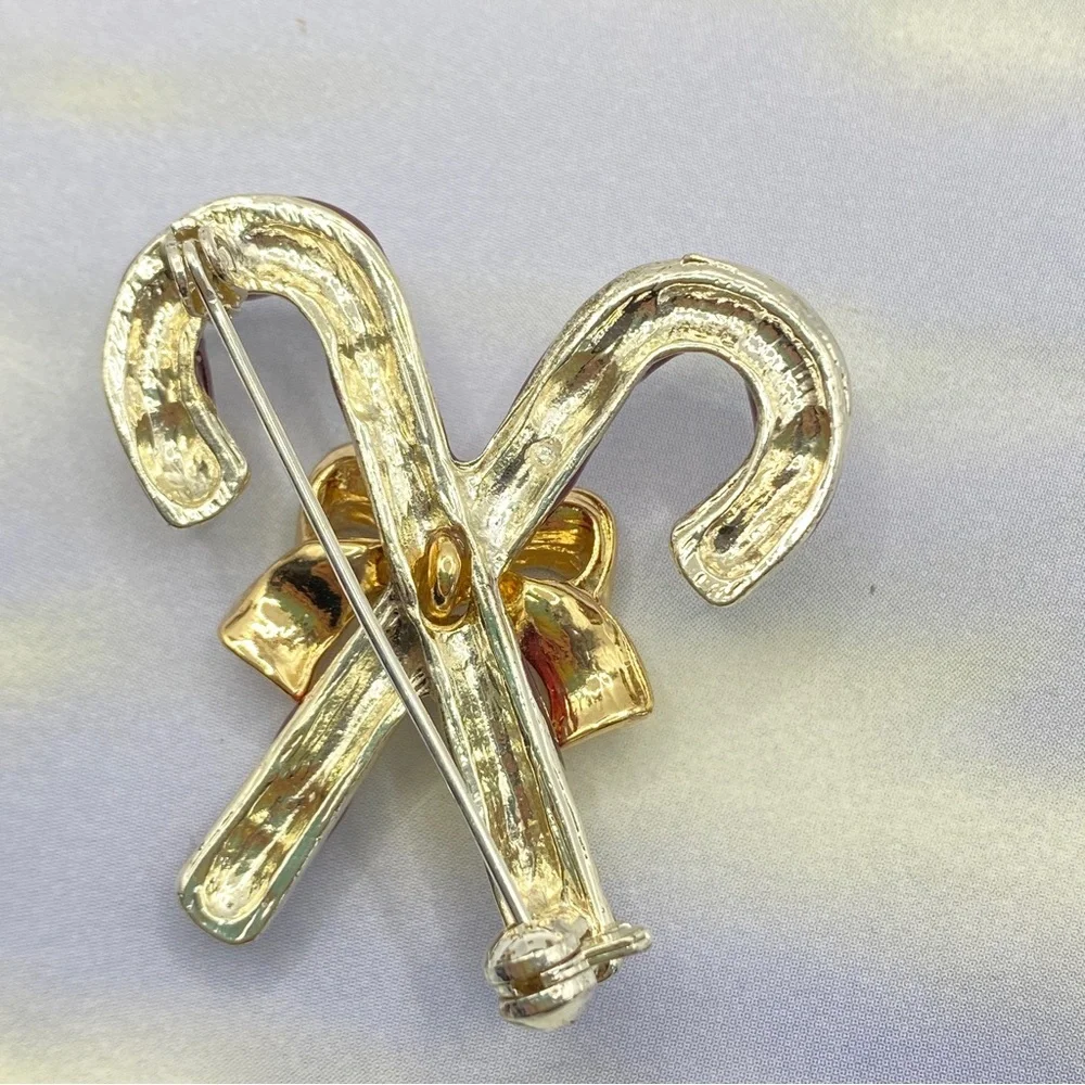 Candy Canes Rhinestone Silver Tone Holiday Christmas Brooch